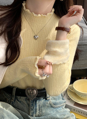 苏三三 黄色半高领毛衣女秋冬内搭冬季加绒加厚打底衫一体绒上衣