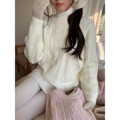 PPHOME自制~奶油麻花 温柔圆领白色麻花毛衣女冬季针织衫打底上衣