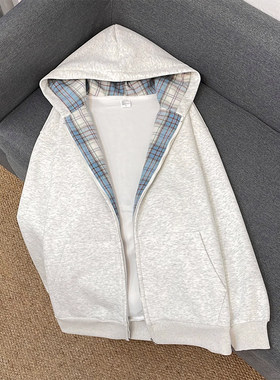 美式复古格子拼接连帽卫衣女秋冬2025新款慵懒松弛感oversize外套