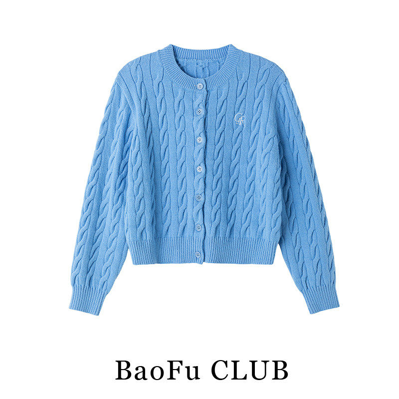 Bao Fu 蓝色麻花开衫毛衣女秋冬加厚宽松慵懒休闲针织上衣外套潮