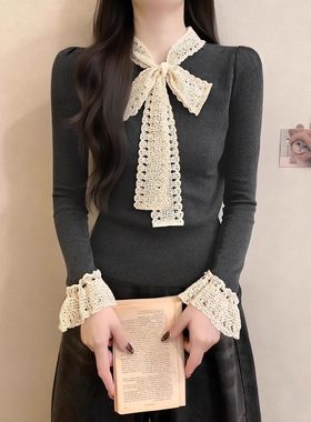 蕾丝蝴蝶结针织打底衫女冬装巨好看内搭义乌毛衣miu系小个子上衣