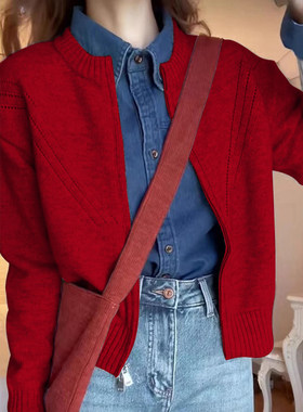 安可拉红韩系学院风针织开衫毛衣女秋冬新款新年穿搭宽松外套上衣