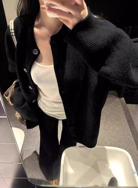 高级感黑色宽松大版毛衣外套女秋冬加厚外搭慵懒休闲针织开衫上衣