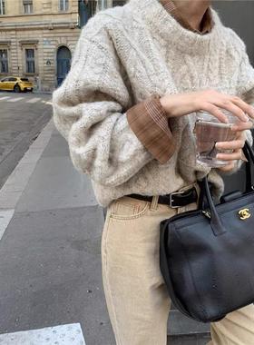 法式复古高级感短款圆领麻花毛衣女秋冬加厚慵懒风外穿针织衫上衣