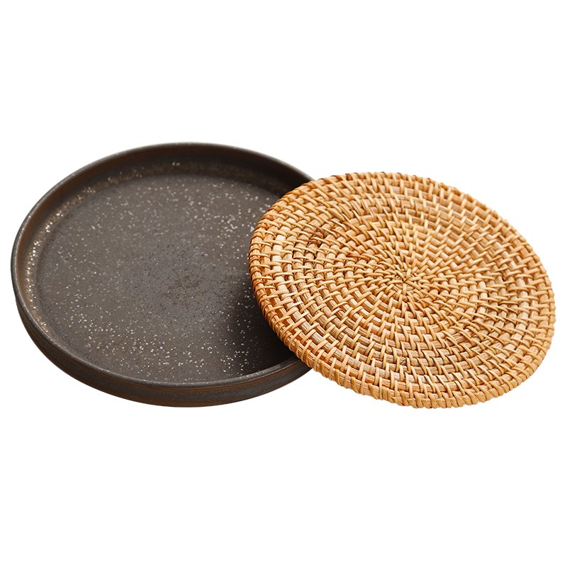 日式复古窑变壶承干泡台茶盘丝瓜络藤编垫养壶T茶壶储水底座托盘