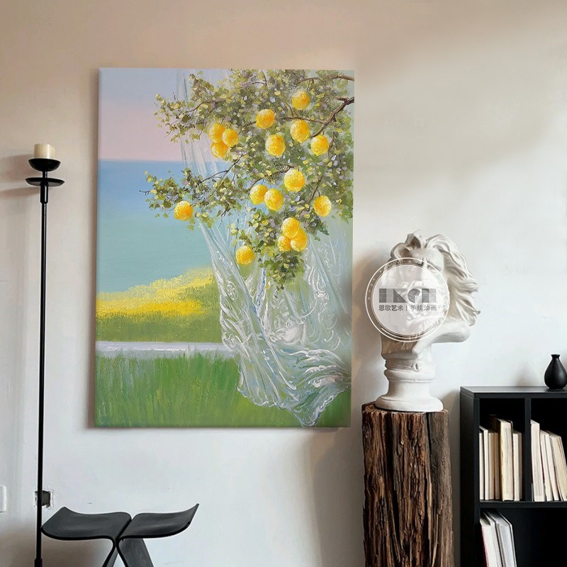 法式奶油风玄关装饰画客厅沙发柠C檬树肌理手绘油画餐厅新中式挂