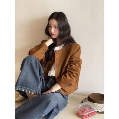 【冬日街角】歌铭美式复古仿麂皮绒短外套女装秋季圆领上衣N554C