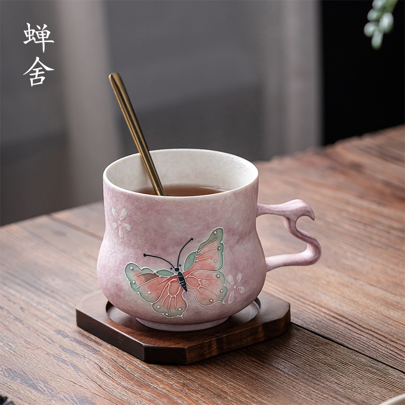蝉舍手绘蝴蝶咖啡杯陶瓷马克杯釉下彩带盖过滤水杯茶杯办公杯女士