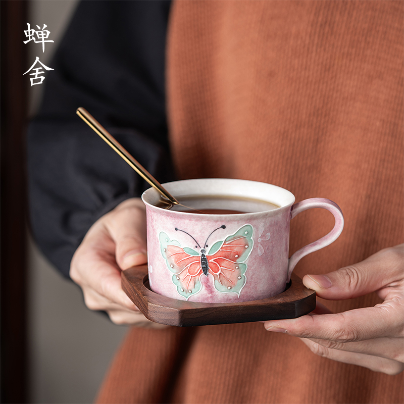 釉下彩手绘粉绿蝴蝶精致咖啡杯