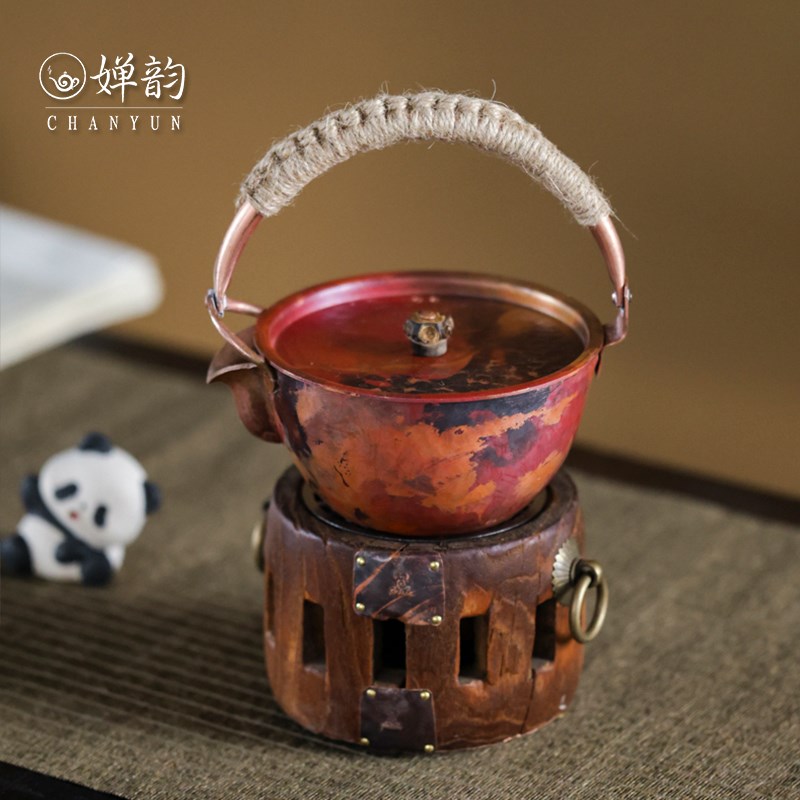 婵韵 紫铜火烧色提梁壶宝瓶煮茶器蜡烛温茶套组复古家用茶具