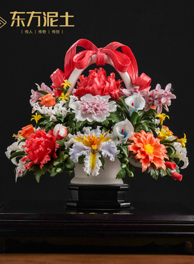 东方泥土《百花争艳》陶瓷大花蓝摆件酒店大厅装饰品公司开业礼品