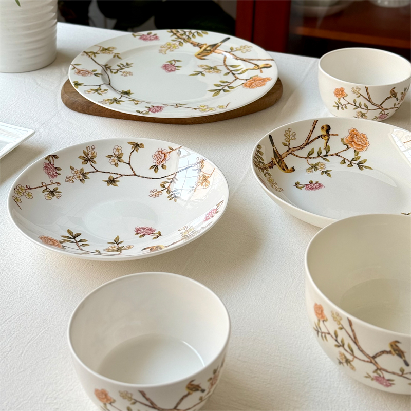 北府 新中式晨风骨瓷盘碗汤盘菜盘干果盘摆盘花鸟陶瓷餐具可微波