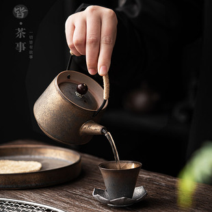 鎏金陶瓷提梁壶单个复古做旧功夫茶壶单壶家用客厅泡茶壶过滤茶器