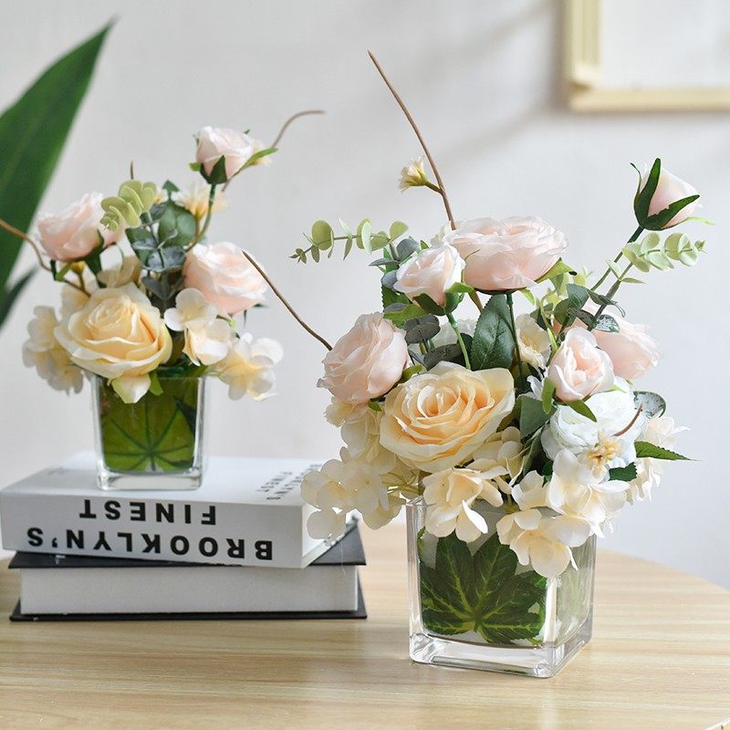 玻璃花瓶花束客厅茶几台花电视柜小摆件仿真花公司会议桌摆花方杯,家居饰品,仿真花/假花,淘宝优惠券,粉丝福利购,淘宝优惠卷