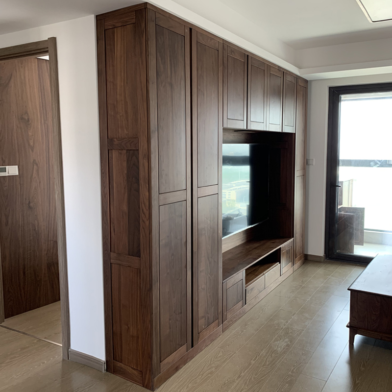 黑胡桃木书柜定制小户型客厅电视墙柜一体尺寸定做电视柜全屋定制