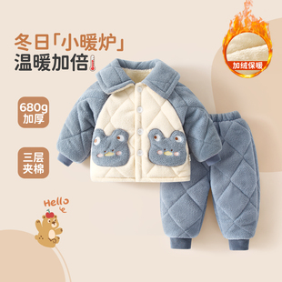 男童保暖衣套装婴儿冬季加绒加厚套装宝宝秋冬长袖外套新生儿睡衣
