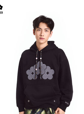 We Flower毛巾绣连帽卫衣时尚百搭情侣款秋冬新款保暖加绒连帽衫