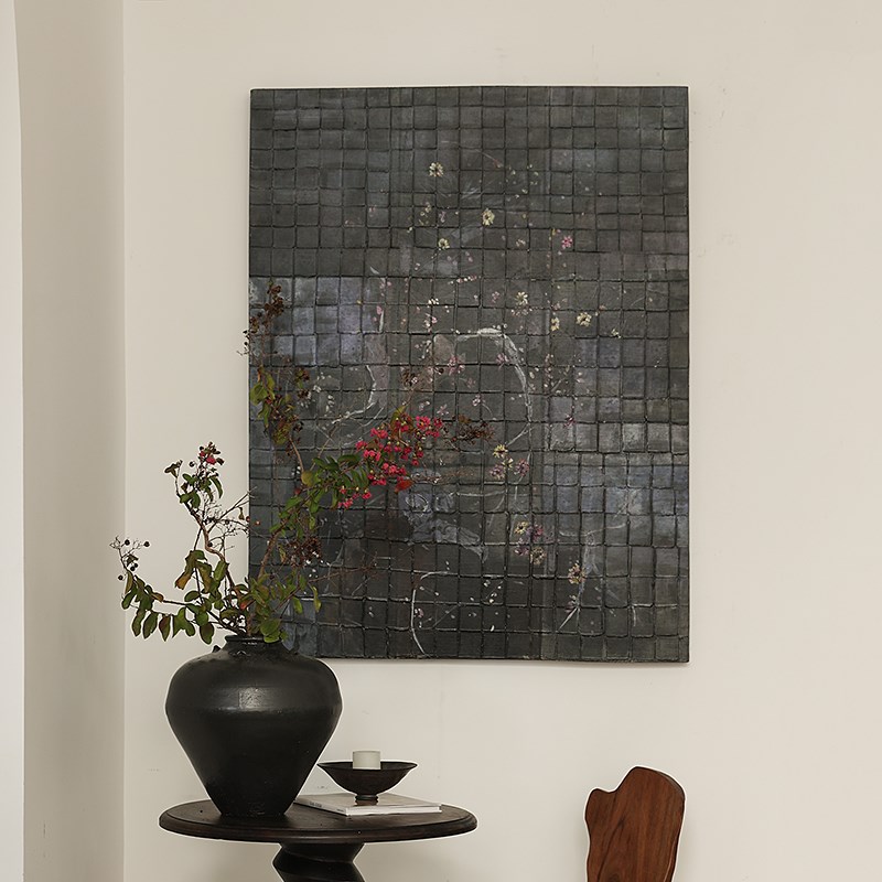 形上侘寂风手绘油画《凡花》中古抽象肌理挂画玄关客厅玄关台装饰