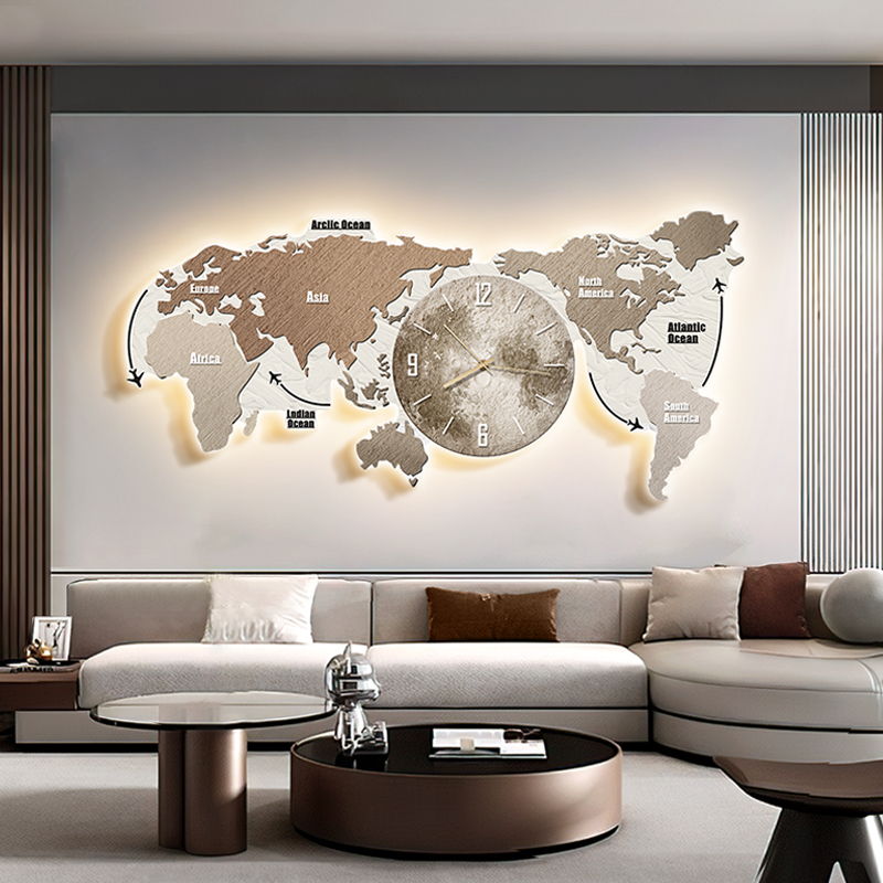 世界地图客厅装饰画带挂钟表现代轻奢沙发背景墙挂画餐厅墙壁灯画