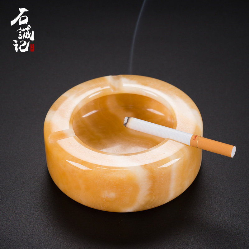 石诚记松香黄烟灰缸小号大理石带烟槽防飞灰个性家用迷你石头摆件