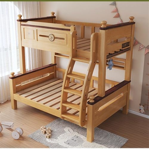 重庆大川家具城原木色全实木上下床儿童子母床走梯步柜双层高低床