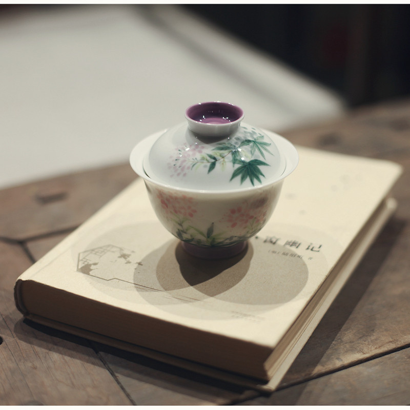 勿念《醉蝶花》手绘盖碗薄胎 不烫防烫高温手工釉下彩茶具茶杯