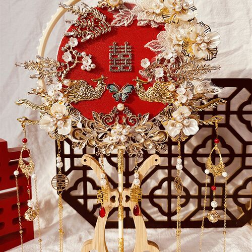 结婚团扇喜扇新娘中式婚礼红色婚纱摄影道具DIY材料包秀禾扇子