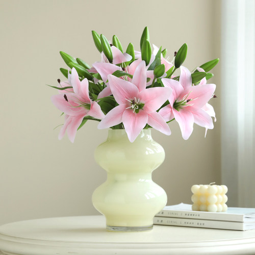 高档手感百合花仿真花束塑料假花摆设客厅餐桌插花摆件装饰品粉色