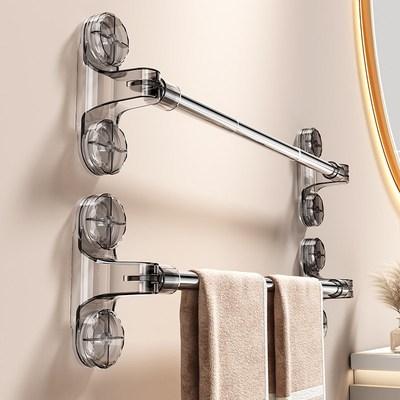 吸盘晾衣杆可伸缩l免打孔家用阳台墙上一根晒被子架飘窗室内晒衣