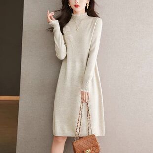 半高领针织衫女2024秋冬加绒加厚中长款毛衣连衣裙配大衣内搭打底