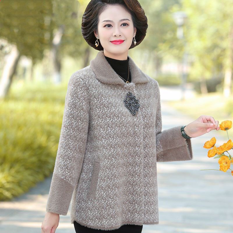 妈妈装秋冬装水貂绒毛呢外套中老年女装短款高贵加厚毛衣开衫上衣