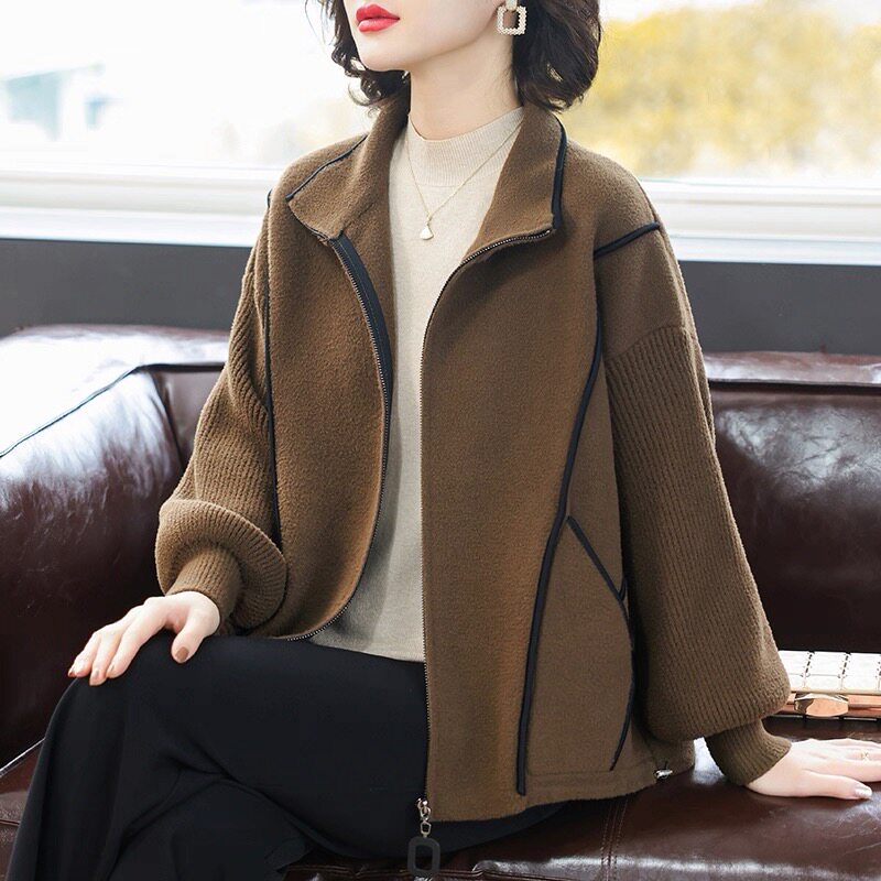 秋季时尚新款50多岁仿毛呢外套女中老年人妈妈秋冬洋气立领厚外套