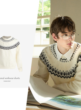 【JMWH】Stay the Night 费尔岛绞花针织圆领舒适透气插肩毛衣