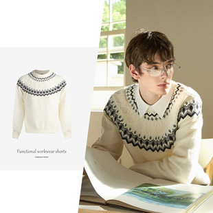 【JMWH】Stay the Night 费尔岛绞花针织圆领舒适透气插肩毛衣