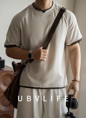 UBV透气网眼简约假两件T恤男士2025夏季拼接设计休闲百搭短袖