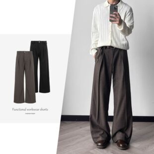 DESERTO 羊毛混纺条纹千鸟格A字分褶休闲阔腿垂感宽松西裤长裤男