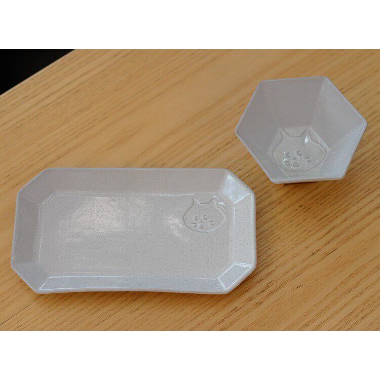 集瓷 日本惊讶猫黑陶粉引 陶瓷八角碗平盘益子烧粗陶餐具套组包邮