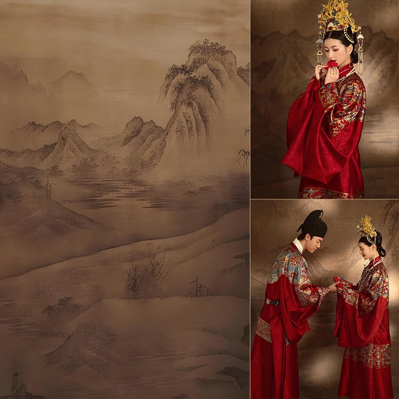 国风中式背景布古装旗袍婚纱影楼摄影水墨工笔画直播背景布