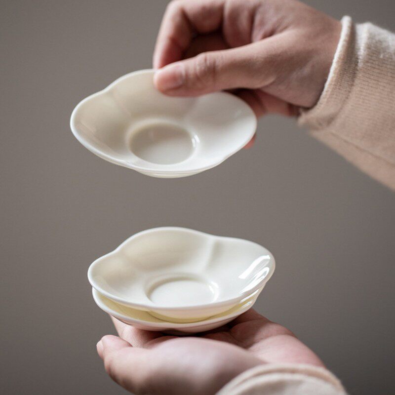 元宝白瓷杯垫海棠陶瓷茶杯托隔热防烫茶具配件茶道现代简约茶托