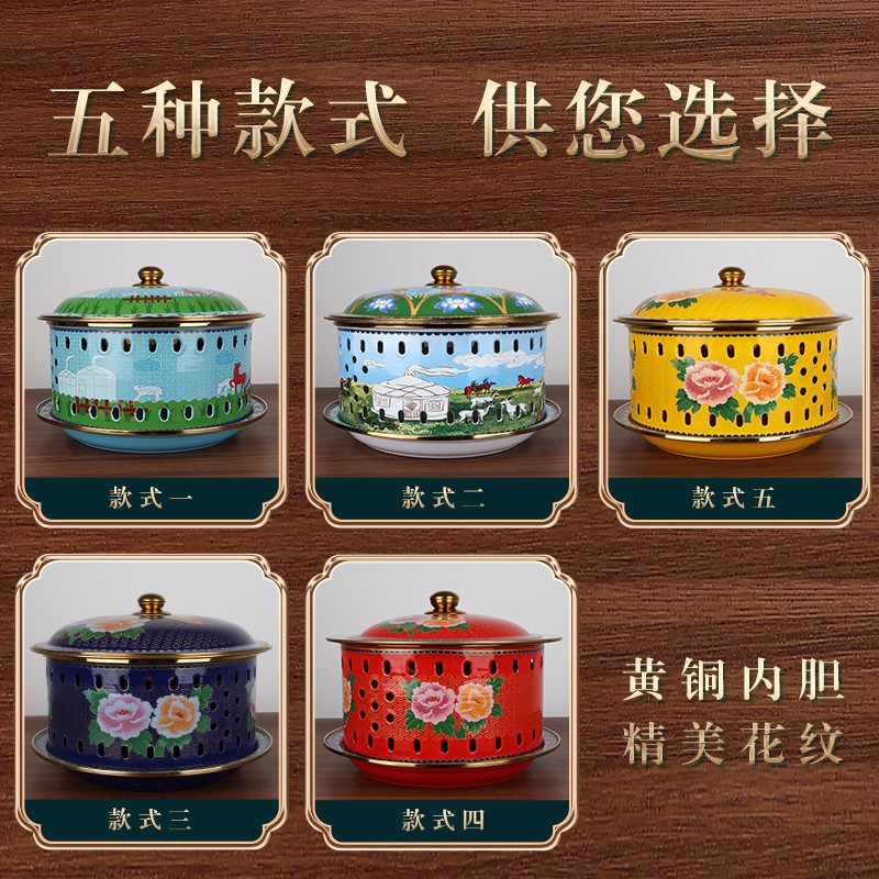 蒙古奶茶铜锅景泰蓝宫廷珐琅御锅加厚铜火锅菊花锅烩菜锅肥牛锅