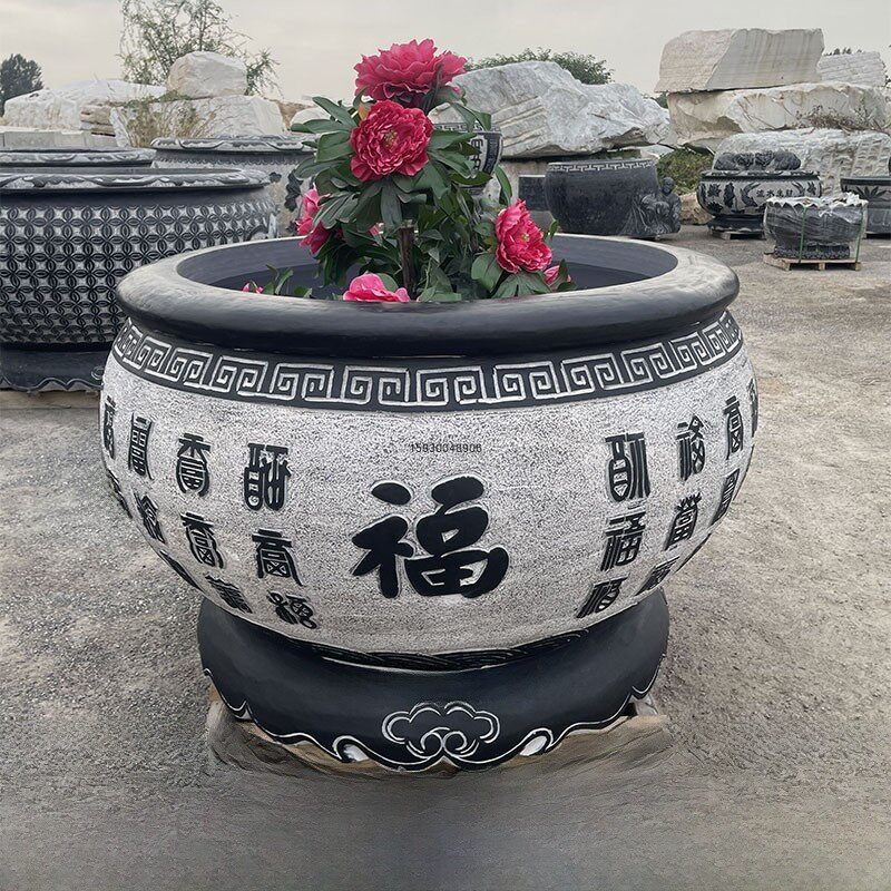 石雕鱼缸花盆青石仿古石刻荷花缸庭院养鱼石头缸户外摆件门海大缸