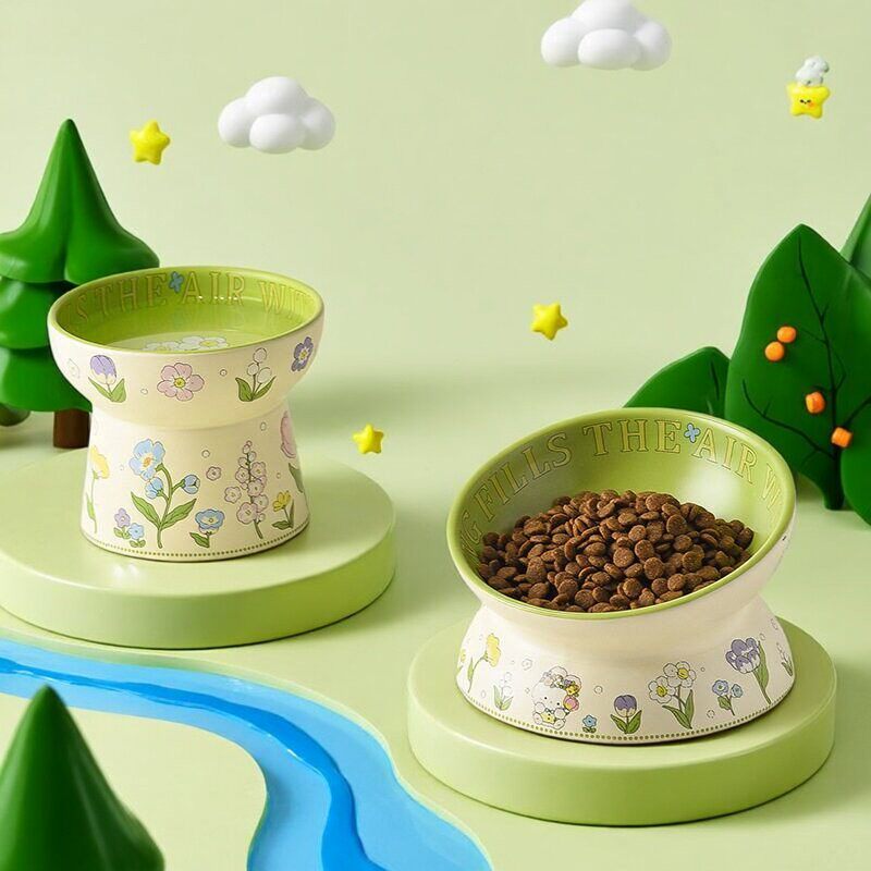 可爱绿兔子花边猫碗防黑下巴猫罐头食盆陶瓷狗食碗猫咪防打翻高脚