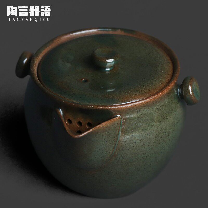 窑变山岚青瓷无相宝瓶茶壶粗陶材质中式禅意宽口手抓茶叶冲泡单壶