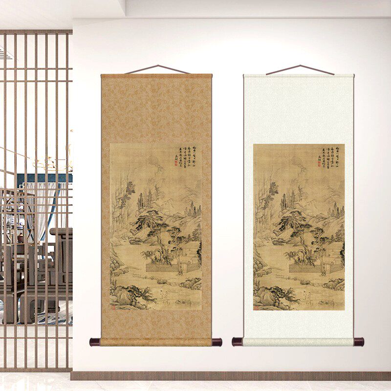 明代文征明携琴访友图书房玄关茶室挂画竖版仿古中式卷轴字画