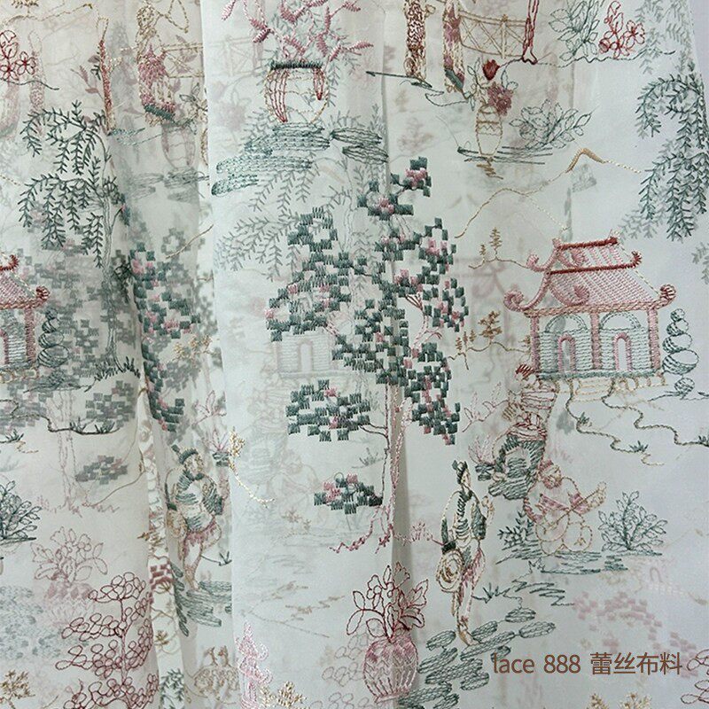 新款复古中式绣花面料亭台阁楼花纹裙子旗袍衣服布料网纱1.3米宽