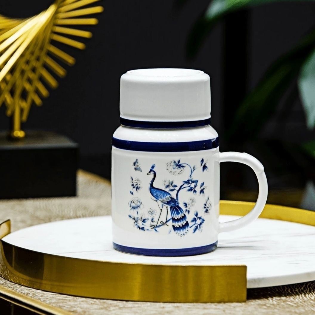 景德镇青花陶瓷保温马克杯500毫升 大容量带盖 一杯多用办公杯