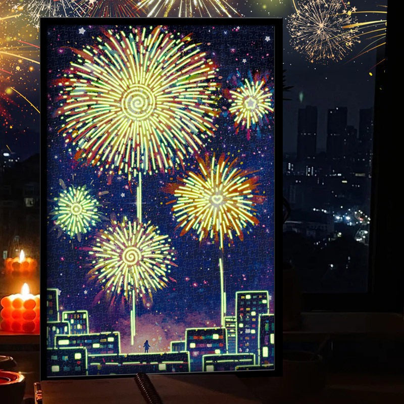 AIPUZZLE古部夏夜花火夜光白卡拼图1000片成人益智解闷玩具装饰画