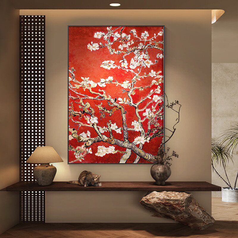 纯手绘梵高杏花手绘油画大芬村客厅背景墙装饰画沙发后大幅落地画