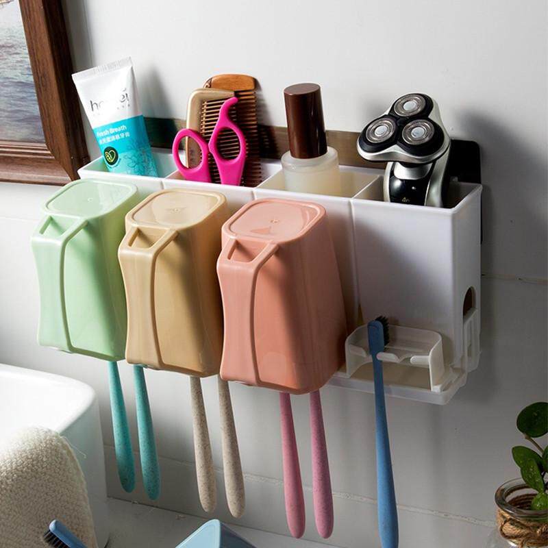 吸壁式牙刷架卫生间壁挂免打孔牙具三口牙刷置物架刷牙漱口杯套装