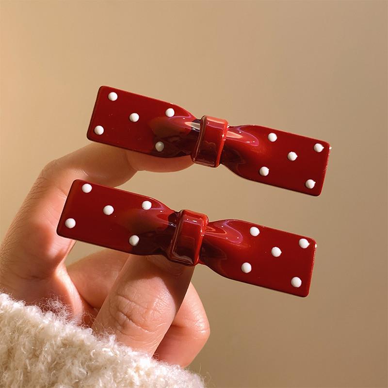 韩系红色波点蝴蝶结发夹女前额侧边刘海夹鸭嘴夹可爱头饰夹子秋冬